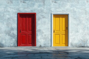 Red and Yellow Doors on Minimalist White Building Facade in Sunlight