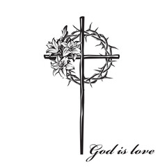 illustration of christian cross and thorn crown with lilies isolated on white background