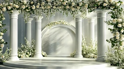 Elegant wedding altar adorned with white roses and greenery in serene indoor setting