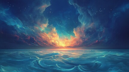 Dramatic Ocean Sunset with Fiery Clouds and Starlit Sky Above Calm Water
