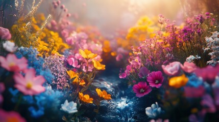 Obraz premium Beautiful colorful wild flowers in deep foggy forest with sun light in Spring.