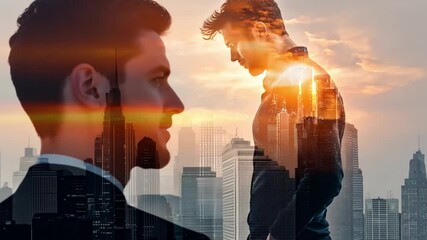 Inner Conflict: A split image showing a businessman facing his shadow in a complex urban setting, capturing introspection and the struggle for identity