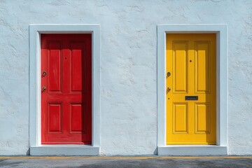 Two contrasting doors red and yellow on minimalist white building facade illuminated by sunlight