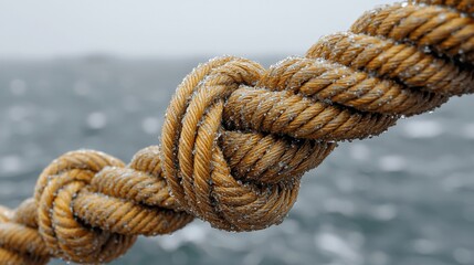 Fototapeta premium Close-Up of Wet Nautical Rope Knot with Ocean Background on Cloudy Day