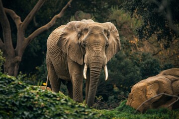 Fototapeta premium Majestic elephant roaming through lush greenery in a serene natural habitat