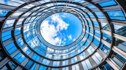 Naklejka premium Circular glass building atrium with blue sky.