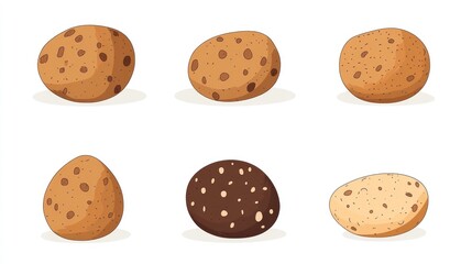 Six speckled brown and dark brown potatoes isolated