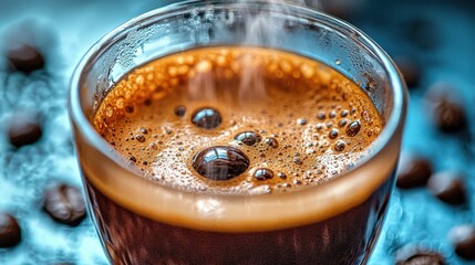 Close-Up of Freshly Brewed Coffee with Aromatic Steam and Coffee Beans