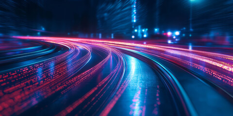 Fototapeta premium A surreal abstract background showcasing energetic light trails streaking across a cybernetic landscape. The high-speed neon flow and vibrant reflections create a futuristic, dynamic visual experience