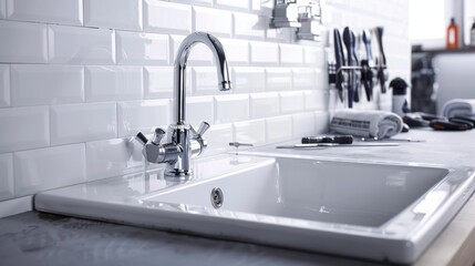 Fototapeta premium Sleek sink repair shiny chrome fixtures meet clean white tiles organized tools imply professional plumber at work.