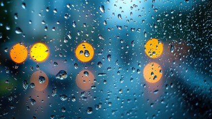 Close-Up of Raindrops on a Window with Blurred City Lights at Night