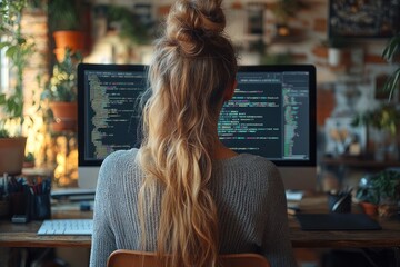 Young Woman Coding in Serene Home Office