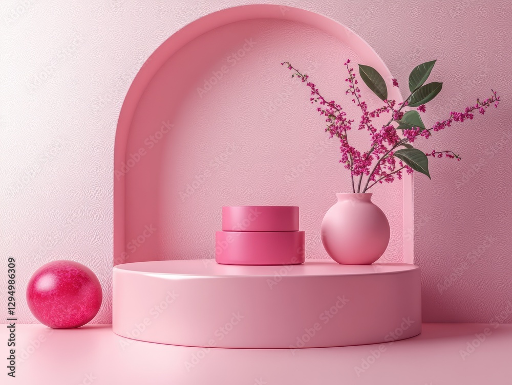 Poster Minimalistic Pink Geometry Podium Display on Soft Background for Product Showcase