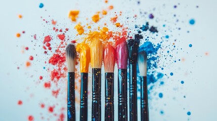 Colorful Brushes and Paint Splashes on a White Surface