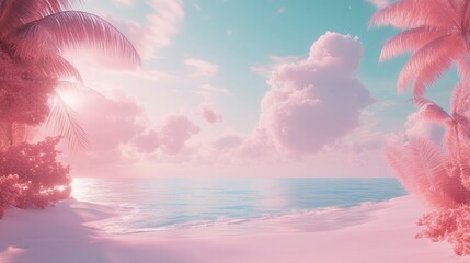 Tropical Dreamscape: An idyllic coastal scene bathed in pastel hues, featuring soft pink palm trees framing a serene ocean under a dreamy sky with fluffy clouds