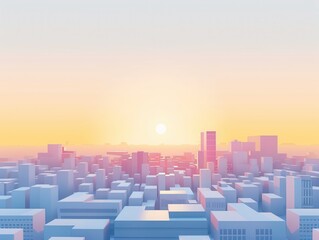 A  city skyline, minimal and sleek, with geometric buildings in sunrise gradient hues and soft shadows.