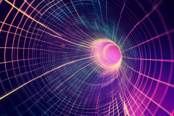 Obraz premium A surreal 3D abstract background showcasing a vast tunnel of cascading, iridescent holographic grids, glowing with neon highlights. The perspective creates a deep, hypnotic futuristic aesthetic.
