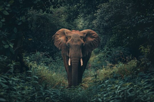 Majestic elephant standing in lush green forest during twilight exploring its natural habitat - Powered by Adobe