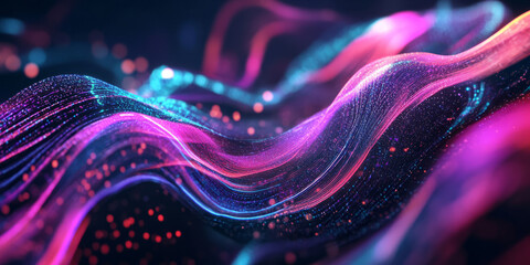 Obraz premium A visually stunning 3D abstract background with swirling ribbons of holographic energy, pulsating neon waves, and floating iridescent particles. The deep contrasts between glowing elements and dark