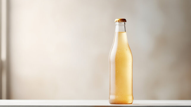Ginger beer in a clear glass bottle, natural daylight, side view, golden bubbly drink with condensation on the bottle, minimal background with copy space 