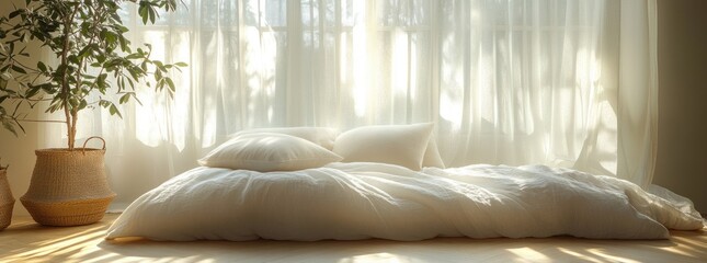 Beautiful young Asian woman resting on soft white bedding in minimalist bedroom with natural light and serene atmosphere