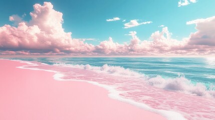 Pink Beach Paradise: A mesmerizing coastal scene featuring a pink sandy beach meeting the calm ocean, beneath a cotton candy sky painted with fluffy clouds.
