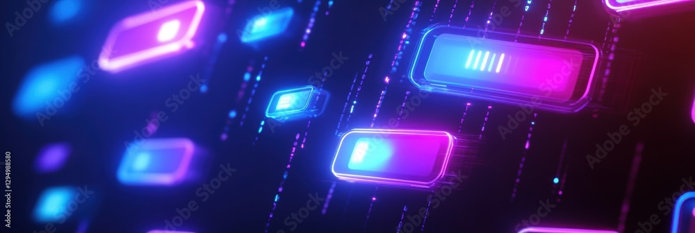 Poster Dynamic social media chat interface with glowing notifications and floating message bubbles at night. Generative AI