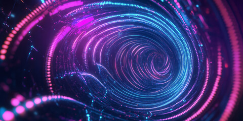 A modern 3D abstract background featuring glowing neon spirals twisting through a cybernetic void. The digital energy and high-tech aesthetic create an immersive futuristic design.