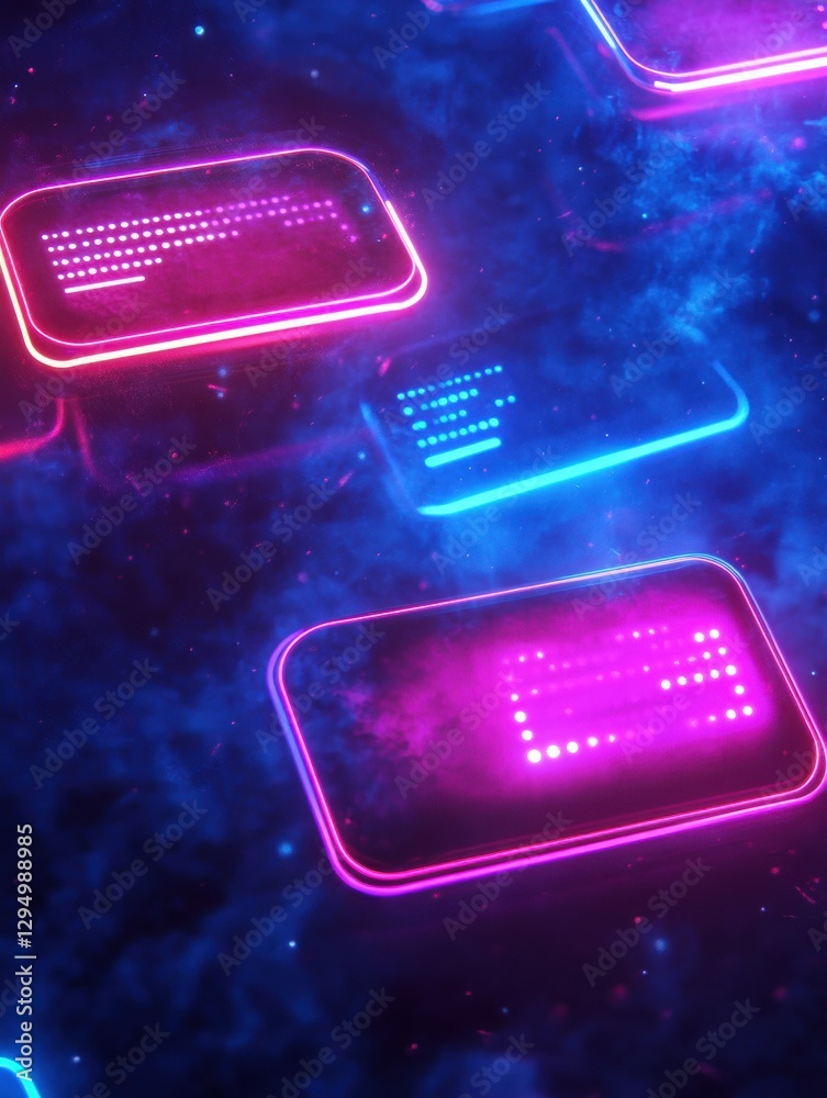 Aufkleber Floating message bubbles with glowing text notifications in a social media chat interface at nighttime. Generative AI