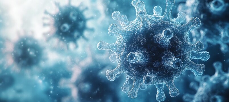 Photorealistic Virus Illustration Soft Blue Lighting Close-Up Virology Microbiology Science