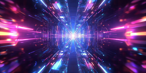 A surreal abstract background featuring floating holographic geometric patterns shifting within a seamless cybernetic vortex. The softly glowing neon edges and precise symmetry evoke a futuristic high