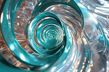 Teal Abstract Spirals on Iridescent Silver Background