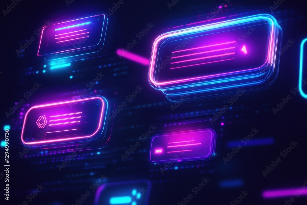 Aufkleber Floating message bubbles illuminate a digital chat interface with vibrant notifications at nighttime. Generative AI