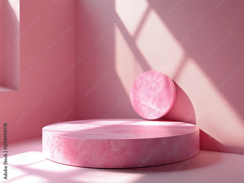 Poster Minimalistic Glossy Round Platform on Soft Pink Background for Product Showcase