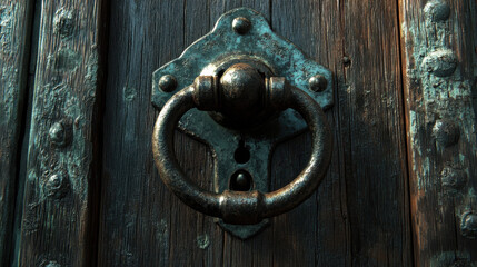 Obraz premium A vintage-style door knocker, aged bronze, affixed to a textured wooden door