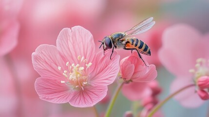 Bee pollinating pink flower in a garden, spring nature background
