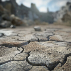 Obraz premium A detailed close-up of cracked, dry earth in a blurred, desolate environment. Concept of drought, climate change, and environmental crisis.