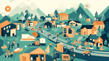 Vibrant community illustration with busy people moving and renovating their homes