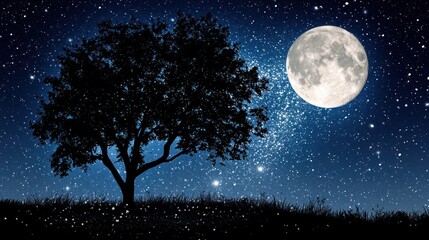 Solitary tree silhouetted against a full moon and starry night sky.
