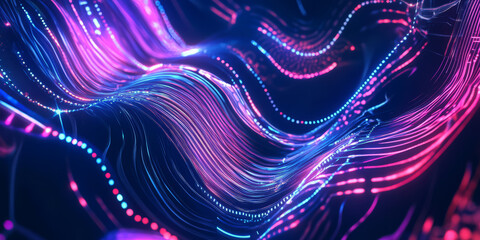 Obraz premium A sleek and dynamic abstract background featuring distorted holographic textures and glowing neon-glitched patterns. The seamless transitions create an immersive high-tech digital composition.