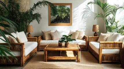 Bohemian Living Room: A cozy living room furnished with bamboo furniture and adorned with lush green plants, inviting comfort and relaxation. 