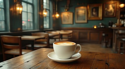 Obraz premium A beautifully crafted cup of coffee sits on a rustic wooden table in a cozy caf? with warm lighting