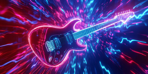 Fototapeta premium A mesmerizing 3D background displaying a floating, glowing neon electric guitar, emitting vibrant sound waves that ripple through a futuristic digital void. The energy pulses dynamically, creating an