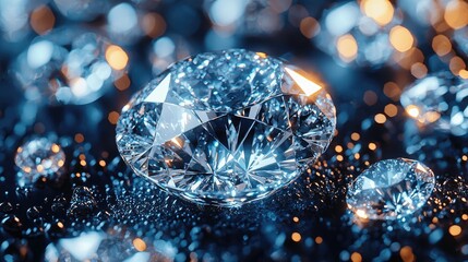 Close-up of sparkling diamonds on a reflective surface with a blurred bokeh background