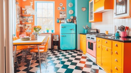 Vintage Kitchen with Vibrant Colors: A retro-style kitchen with bright colors, featuring a classic refrigerator, checkered floor, and charming decor, creating a nostalgic and inviting atmosphere.