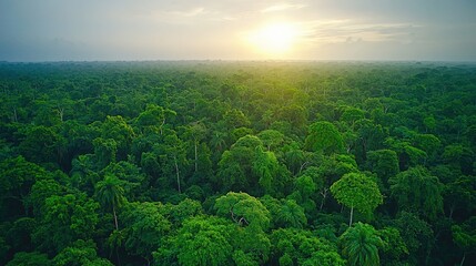 Fototapeta premium Stunning Aerial View of Lush Green Forest at Sunrise with Golden Light