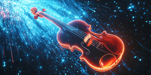 Fototapeta premium A surreal 3D abstract background featuring a levitating neon violin bow striking invisible strings in a glowing digital void. The futuristic visualization represents the harmony between classical