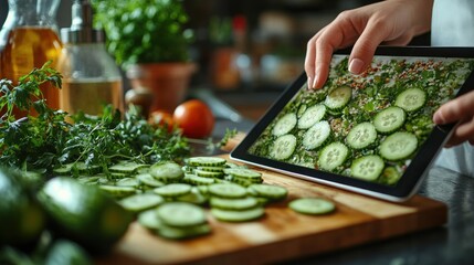 Asian woman cooking healthy meal using tablet recipe in modern kitchen with fresh vegetables and natural light