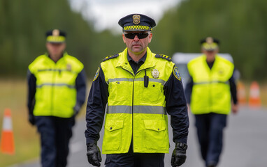 Obraz premium police patrol team in bright uniforms conducting traffic control
