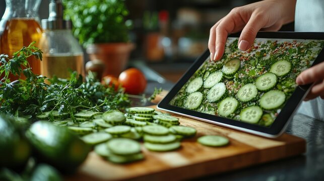 Asian woman cooking healthy meal using tablet recipe in modern kitchen with fresh vegetables and natural light